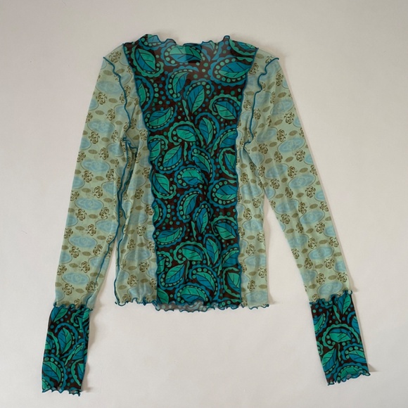 Anna Sui Sheer Mesh Paisley Green Posies Top Size Medium, Boho 90's Long Sleeve - Picture 9 of 9